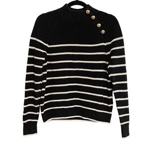 J.Crew Striped Mock Neck Sweater Gold Button Detail Black White Size S Fisherman